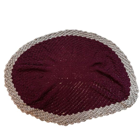 Handmade Crochet Shell Stitch Oval Afghan Throw Burgundy Tan 57x42" Open Weave - Picture 1 of 6